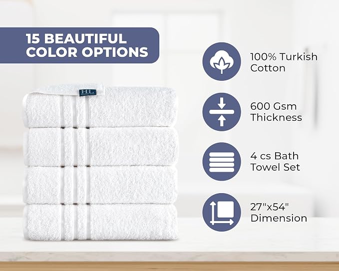 Hawmam Linen White Bath Towels 4 Pack 27 x 54 Inches 100% Turkish Cotton Soft - Image 3