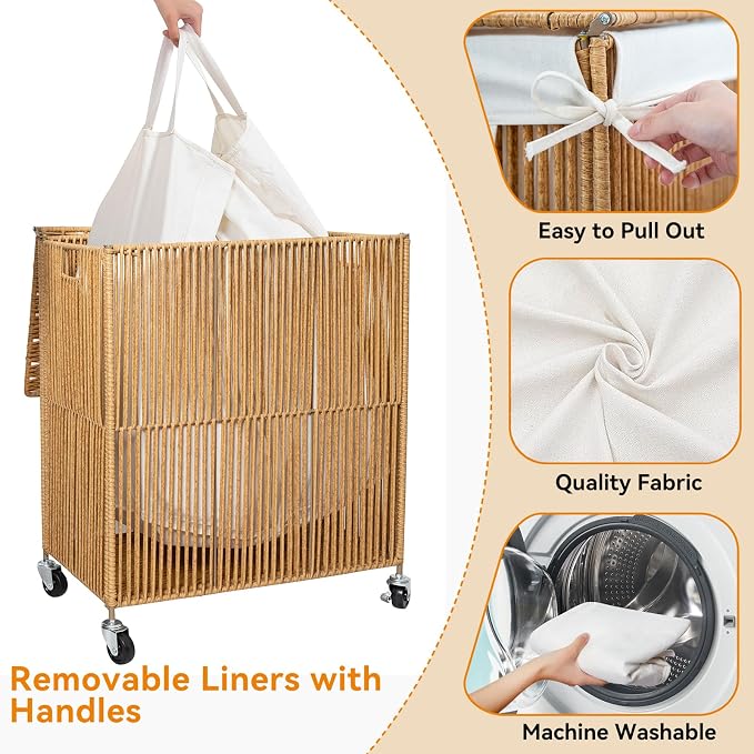 WOWLIVE Rolling Laundry Basket Wheels, Handwoven Laundry Hamper - Image 5