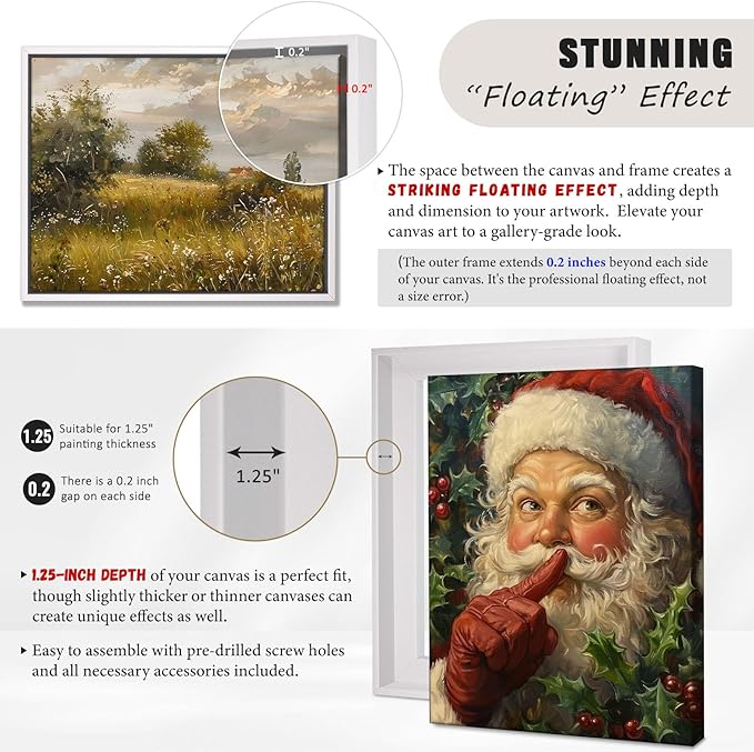 Canvas Floater Frame for Paintings, Fits Up to 1.25" Deep Canvas, DIY Floating Picture Frame for Canvas Prints, Wall Art Frame for Modern Home Décor, Studio Display and Gallery Hanging White 24x24
