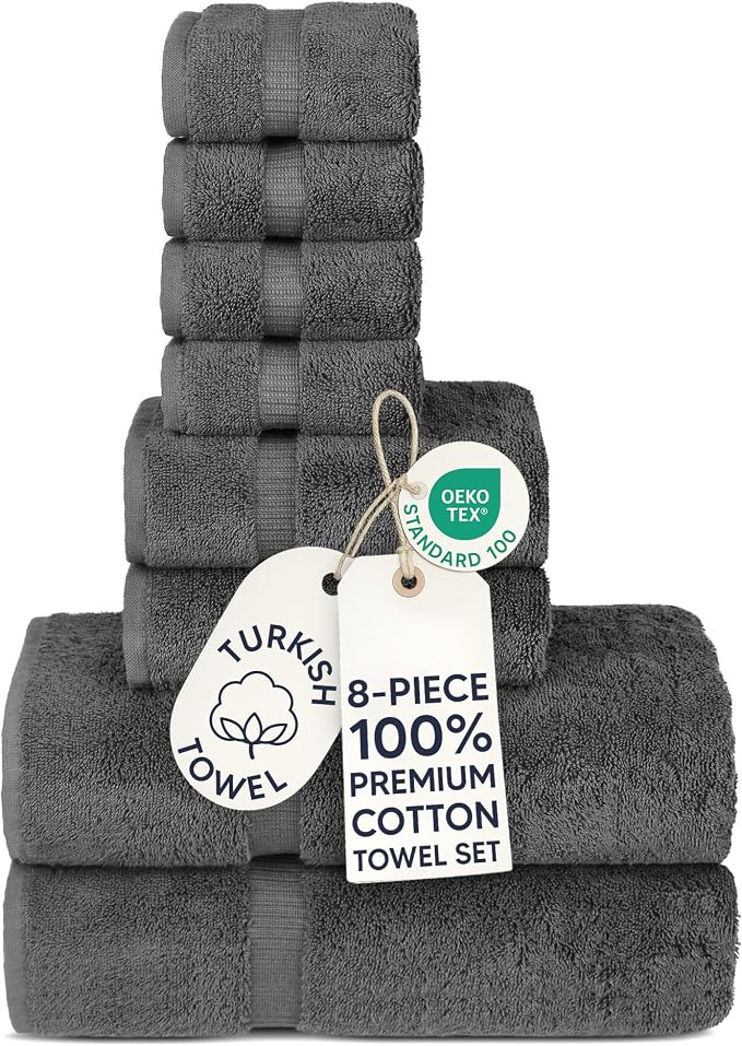 Chakir Turkish Linens 100% Cotton 8-Piece Towel Set, Dark Gray | Premium Towel by ChakirTurkishLinens