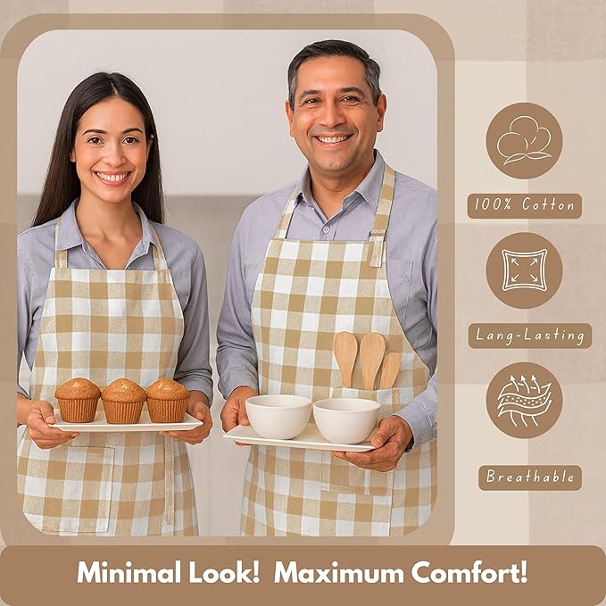 Native Fab Kitchen Apron 2 Pack - 100% Cotton Adjustable, Durable Apron with Pockets, Perfect for Cooking, Baking, Grilling