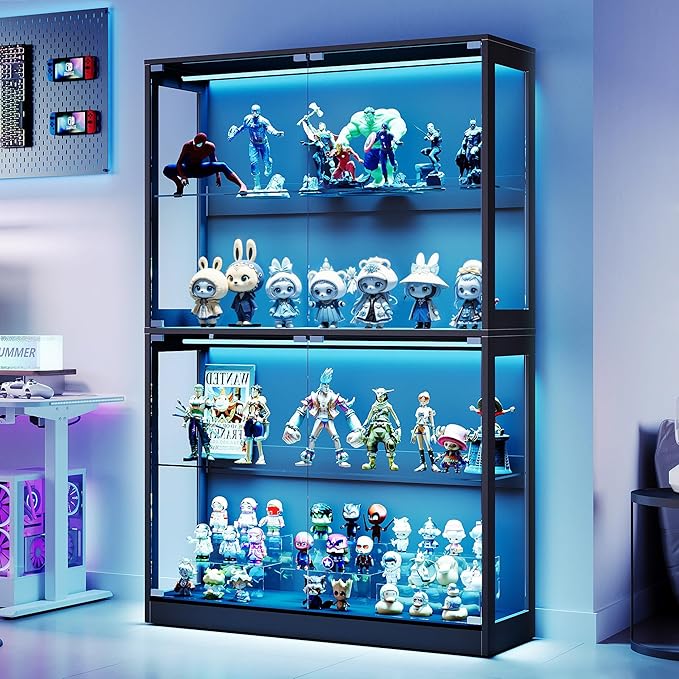 AMERLIFE RGB Display Cabinet with Adjustable Glass Shelves, 4-Tier Storage Case with LED Lights & Press-to-Open Doors, Modern Display Shelf for Collectibles, Black 70" H×45" L×16" D