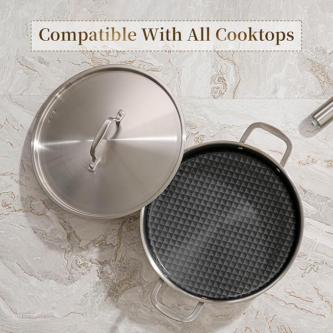 DELARLO 8Quart Tri-Ply Stainless Steel Non Stick Braiser Pan with Lid,13inch Deep Frying Pan,Large Saute Pan,Jumbo Cooker,Induction Compatible,Heavy Duty and Oven Safe
