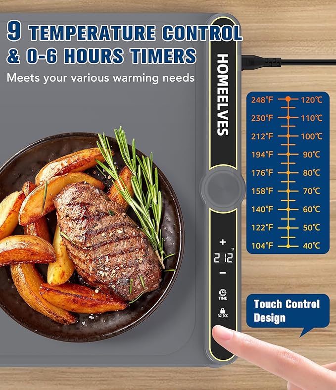Food Warming Mat Extra Large, Rapid Heating Electric Warming Tray with 9 Temp Setting and 6 Hours Timer,Foldable Warming Trays for Food, Portable Food Warmers for Parties Buffet, Gray