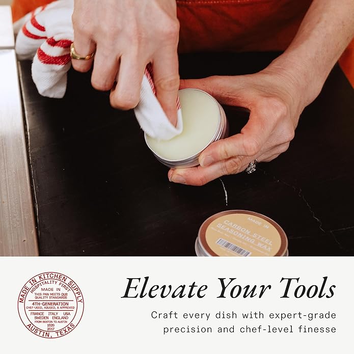 Made In Cookware - 3-Piece Carbon Steel Cleaning Set - Includes Chain Mail Scrubber, Cleaning Brush and Carbon Steel Seasoning Wax