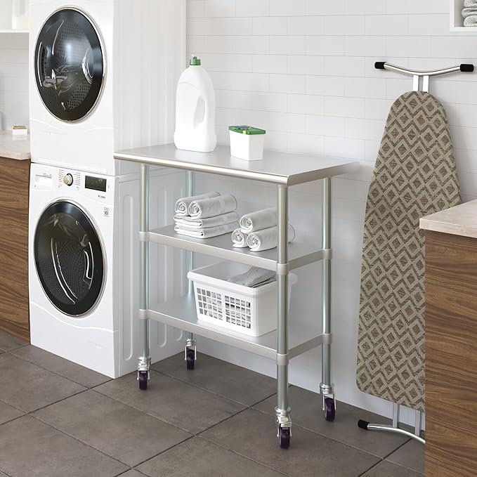 AmGood Stainless Steel Work Table with 2 Shelves and Casters | Metal Utility Table On Wheels (Stainless Steel Work Table with 2 Shelves + Casters, 36" Long x 18" Deep)