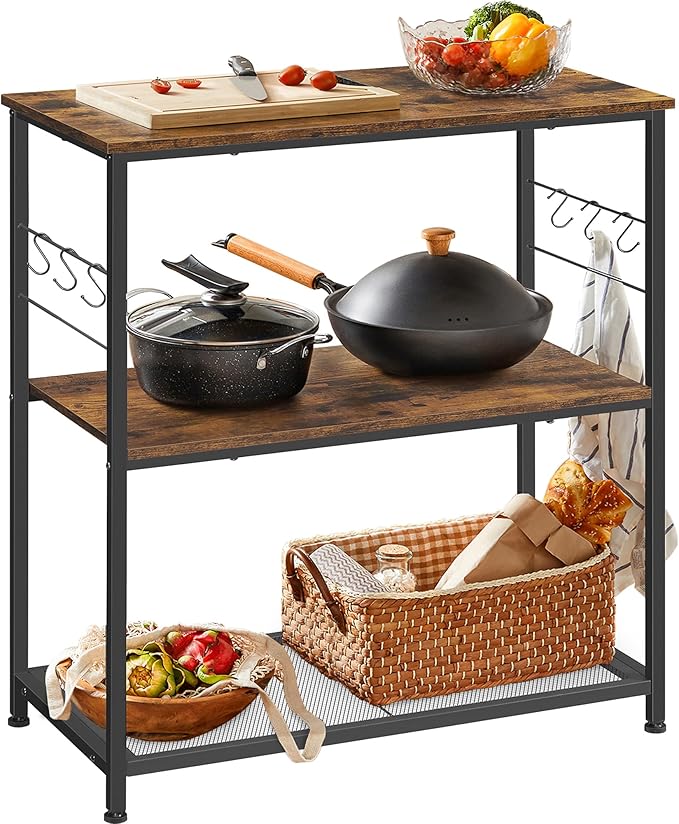 VASAGLE Bakers Rack, Kitchen Shelf, Kitchen Island, Microwave Oven Stand with 3 Open Shelves, 6 Hooks, Metal Frame, 15.7 x 31.5 x 35.4 Inches, Industrial, Rustic Brown and Black UKKI002B01