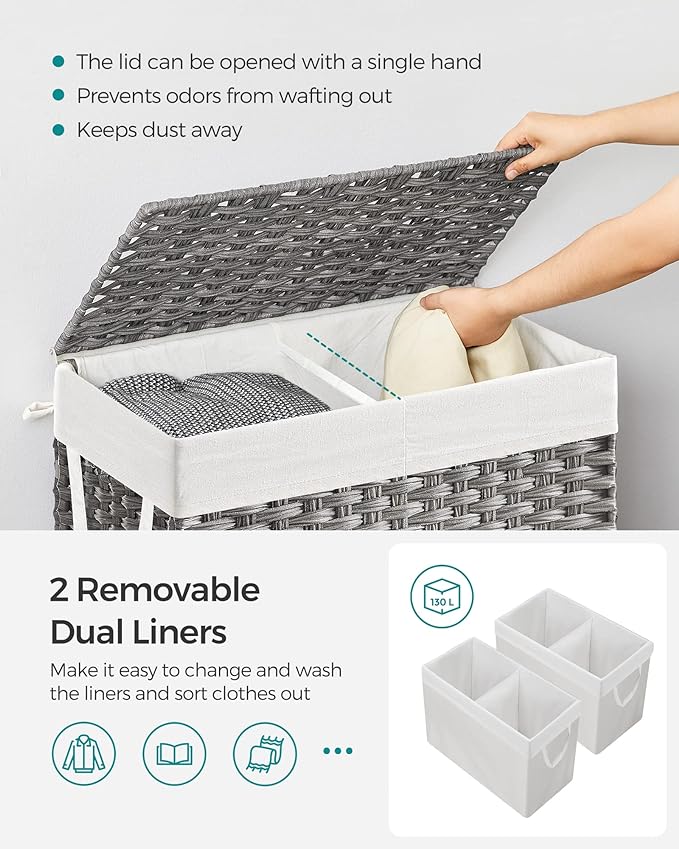 SONGMICS Laundry Hamper with Lid, 130L Double Wicker Basket, 6 Mesh Bags - Image 3
