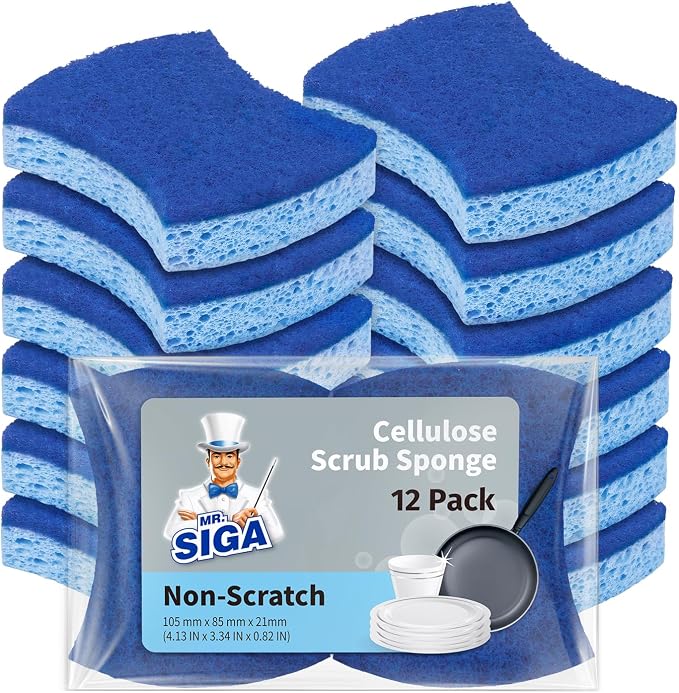 MR.SIGA Non-Scratch Cellulose Scrub Sponge, Dual-Sided Dish Sponge, 12 Pack | by MRSIGA