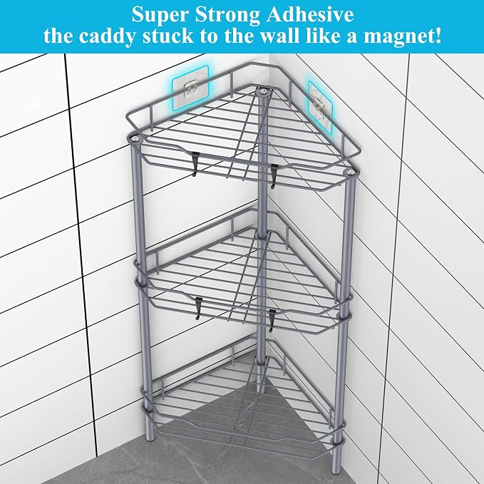 HuggieGems Metal Floor Standing Corner Shower Caddy, Dark Gray, 3 Tier - Image 2