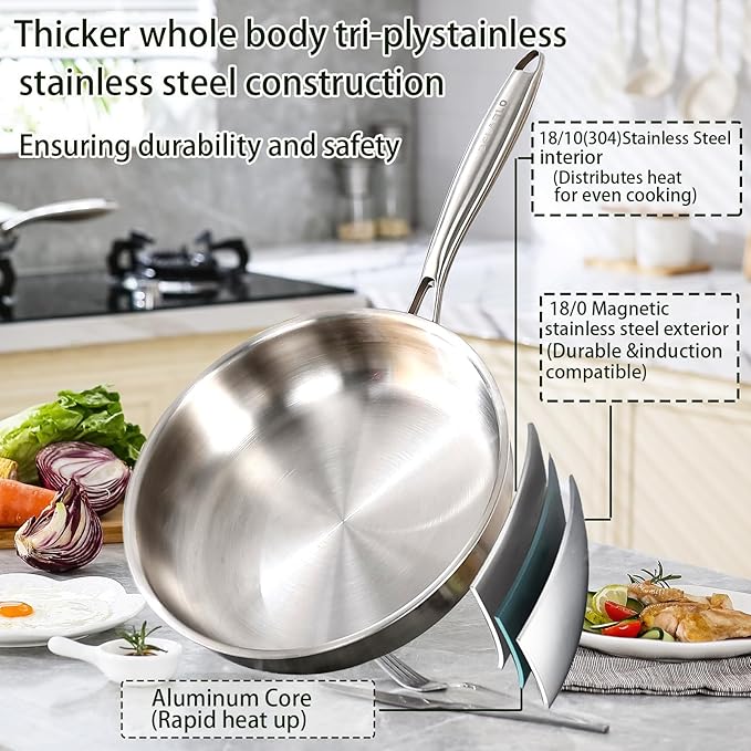 DELARLO Stainless Steel Pan 10.3Inch, Triply Stainless Steel Frying Pan with Lid, Heavy Duty, Compatible with Induction, Gas and Electric up to 650℉, Fast & Even Heating, Dishwasher, Oven Safe Skillet