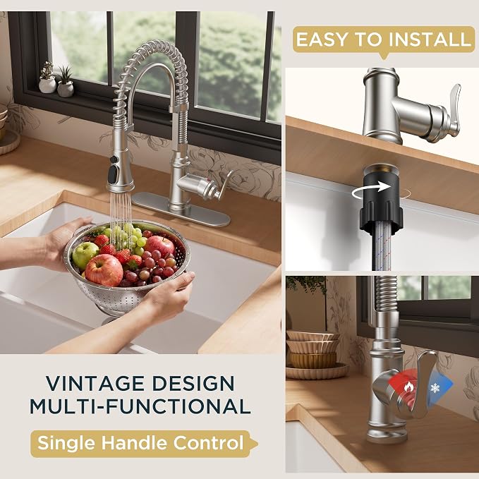 FORIOUS Kitchen Faucet with Pull Down Sprayer, Atique Style, Brushed Nickel | - Image 8
