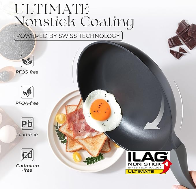 PRICUSIS 8Pcs Nonstick Frying Pan Set with Lid, 8+10+12 Inch Induction Compatible, Stay Cool Handle, Fully Coated, 100% Dishwasher Safe, PFOA Free Omelet Pans, Warp Resistant (Black Sesame)