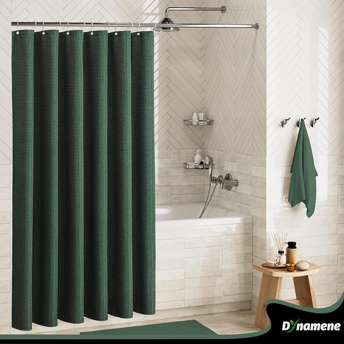 Dynamene Extra Wide Waffle Shower Curtain 256 GSM Fabric 180x72 Dark Green - Image 9