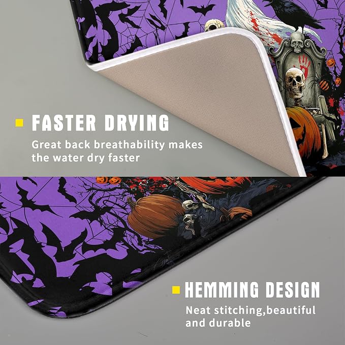 Giwawa Halloween Pumpkin Dish Drying Mat 16x18 inch Spooky Ghost Bat Dish Rack - Image 3