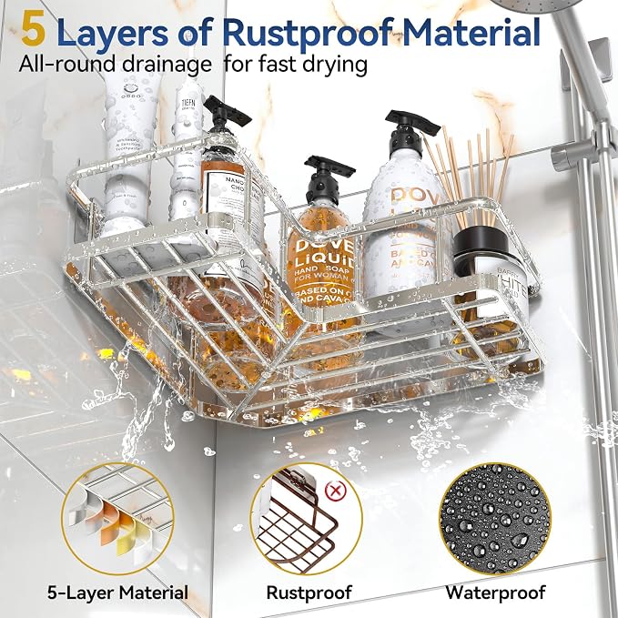 YASONIC Corner Shower Caddy Organizer, Self-Adhesive Rustproof Bath Shelves - Image 3