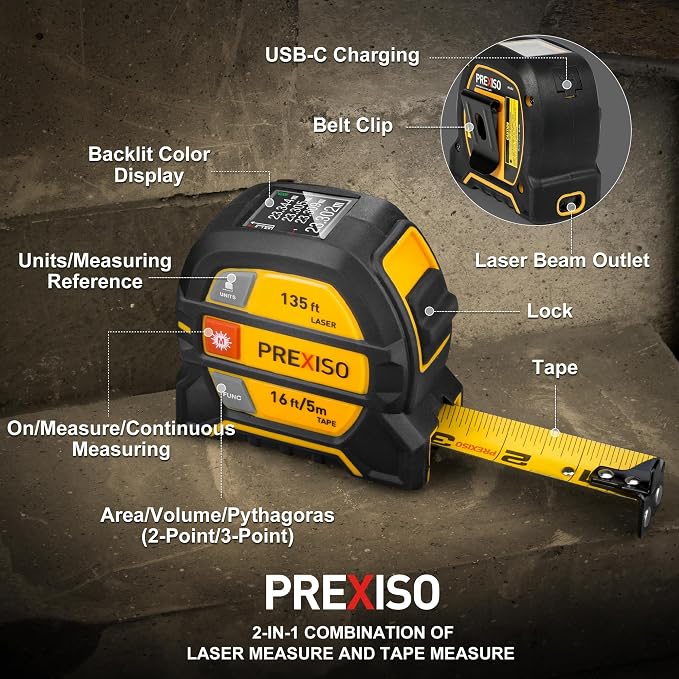 PREXISO 2-in-1 Laser Tape Measure 135Ft Rechargeable Laser Measurement Tool - Image 5