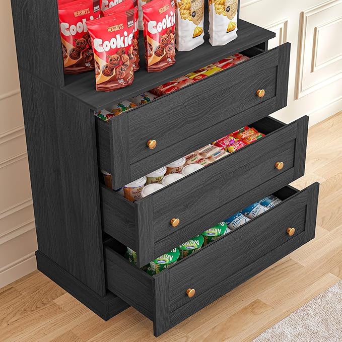 71" Tall Farmhouse Kitchen Pantry, Black Large Storage Cabinet with Glass Doors, Freestanding Coffee Bar Hutch with Microwave Stand, Adjustable Shelves for Kitchen or Living Room, Set of 4