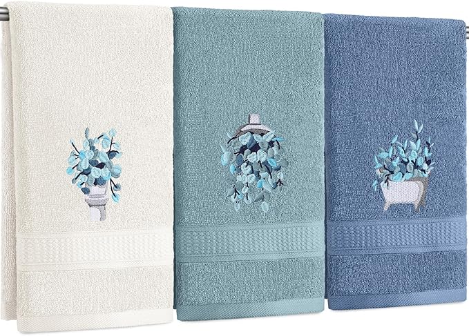 3 Pcs Blue Eucalyptus Leaves Hand Towels Botanical Bathroom Decor | Embroidered by FuWeave
