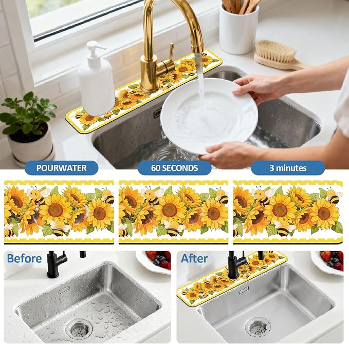 2 Pcs Kitchen Sink Splash Guard Faucet Mat Sunflower Faucet Mat - Image 5