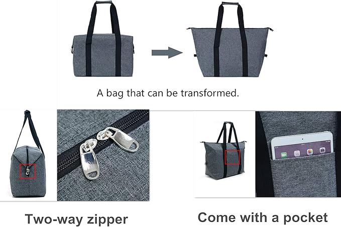Insulated Grocery Cooler Food Bags with Zipper for Shopping, Travel, Picnic or Lunch, Alumimum Foam Tote Bag for Frozen Cold Hot Foods Delivery, Blue