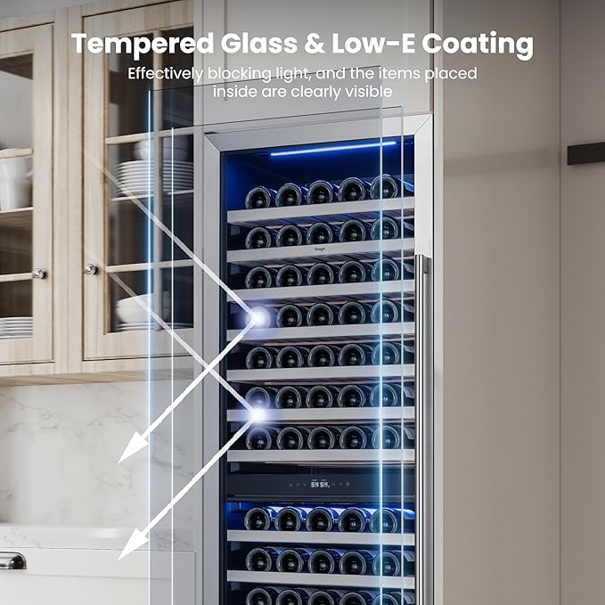 Yeego 24 Inch Wine Fridge Cooler - 154 Bottles Dual Zone Wine Cooler with Glass Door, 40-65℉ Built-In or Freestanding Wine Refrigerator with Lock and 2 Color LED for Kitchen Bar Office (Left-Hinged)