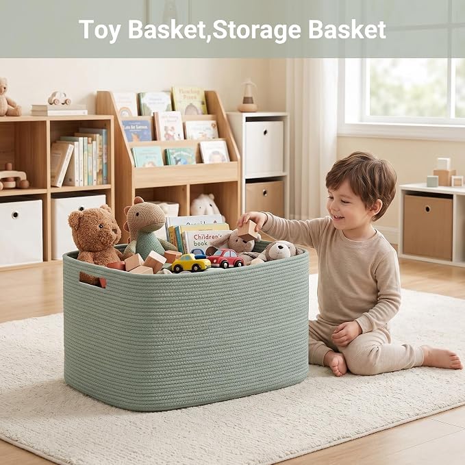 75L Green Cotton Rope Storage Basket, Large Rectangle Laundry Hamper - Image 4
