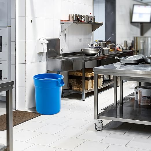 PRO&Family Commercial Round Trash Can, Ingredient Bin, Heavy-Duty Plastic, Anti-Static, Kitchen, Office, Outdoor Use (Blue, 32 Gallon)