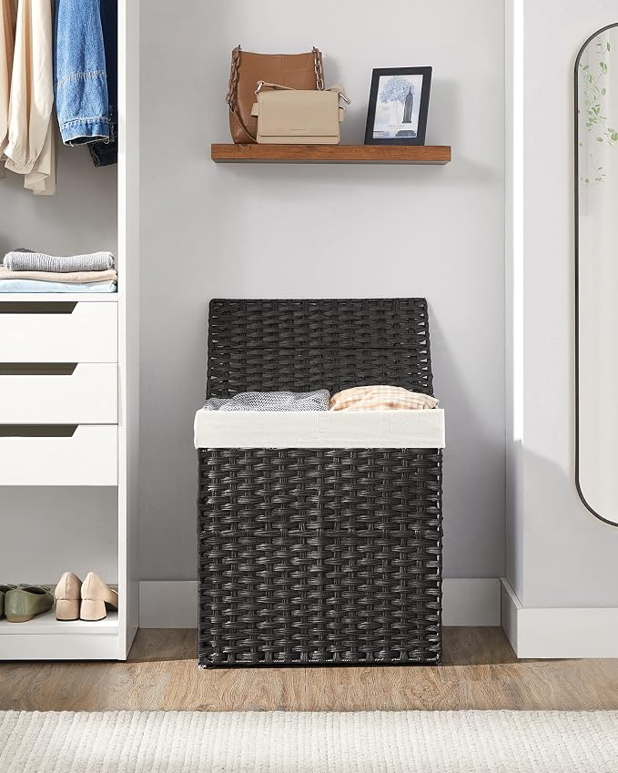 SONGMICS Laundry Hamper with Lid, 110L Double Wicker Basket, 6 Mesh Bags - Image 9