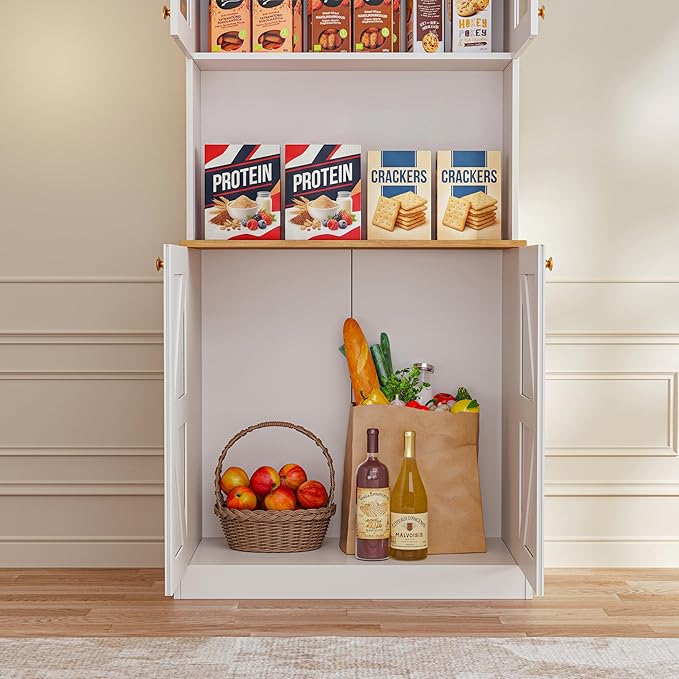 Vyre 71" Farmhouse Kitchen Pantry Cabinet, White Freestanding Coffee Bar Hutch with Glass Doors & Adjustable Shelves, Large Storage Cabinet with Microwave Stand for Living Room & Kitchen