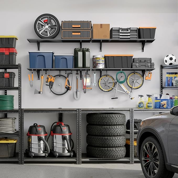 4-Pack 1.5x4ft Garage Shelving Wall Mounted, 1.5 x 4' Heavy Duty Garage Storage Shelves with Hooks, 1000LB Capacity