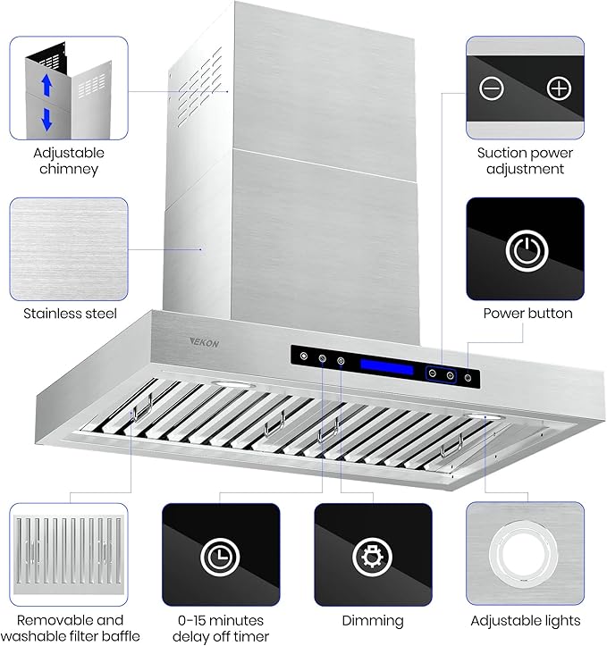EKON 900 CFM Range Hood Stainless Steel 36 inch Kitchen Hood Vent With 4 Speeds Touch Panel Control LCD Display and Remote / 2 Pcs 3W Led Lights / 3 Pcs Baffle Filters NAP01-36N