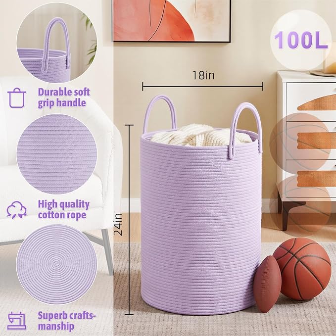 Artfeel Laundry Basket, Woven Cotton Rope Laundry Hamper, 100L - Image 6