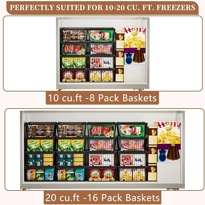 Large Freezer Organizer Bins，Upgraded Bottom Leak-Proof net，Fit 10 to 20 Cu.Ft Deep Freezer，4Pack， Expandable Stackable Chest Freezer Organizer Bins , for Fridge, Deep Freezer, Cabinet
