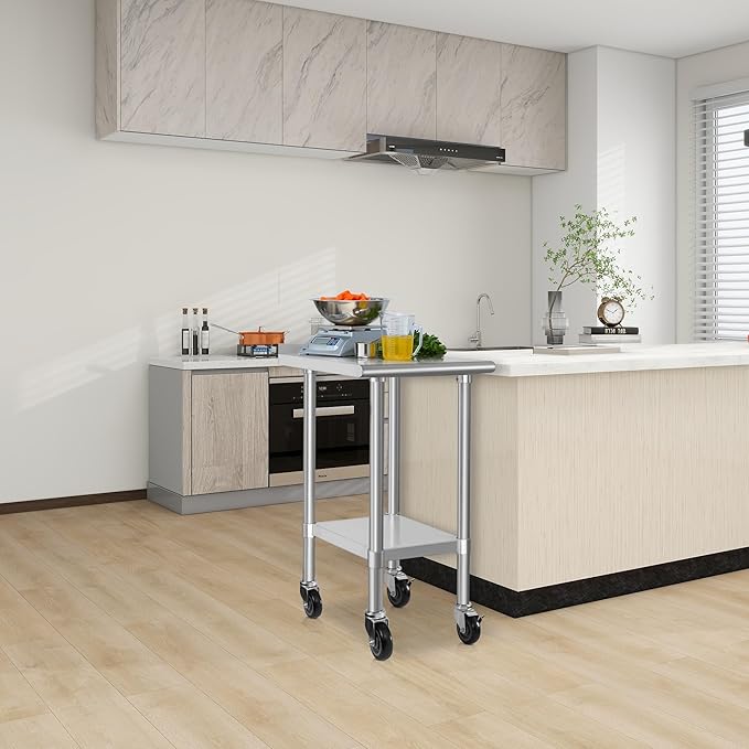 HARDURA Stainless Steel Commercial Work Table with Wheels Prep & Work Metal Table 24×24 Inches Heavy Duty NSF with Casters and 2" Backsplash
