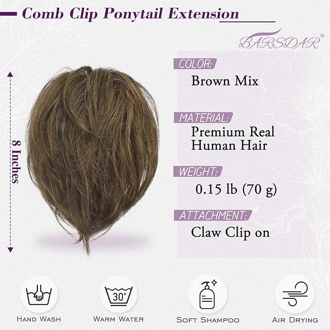 BARSDAR Claw Clip Short Human Hair Ponytail Extension with Bendable Metals - DIY Styles 8 Inch Real Human Hair Brown Mix Messy Bun Hairpieces for Women - Thick Natural Short Ponytail Daily