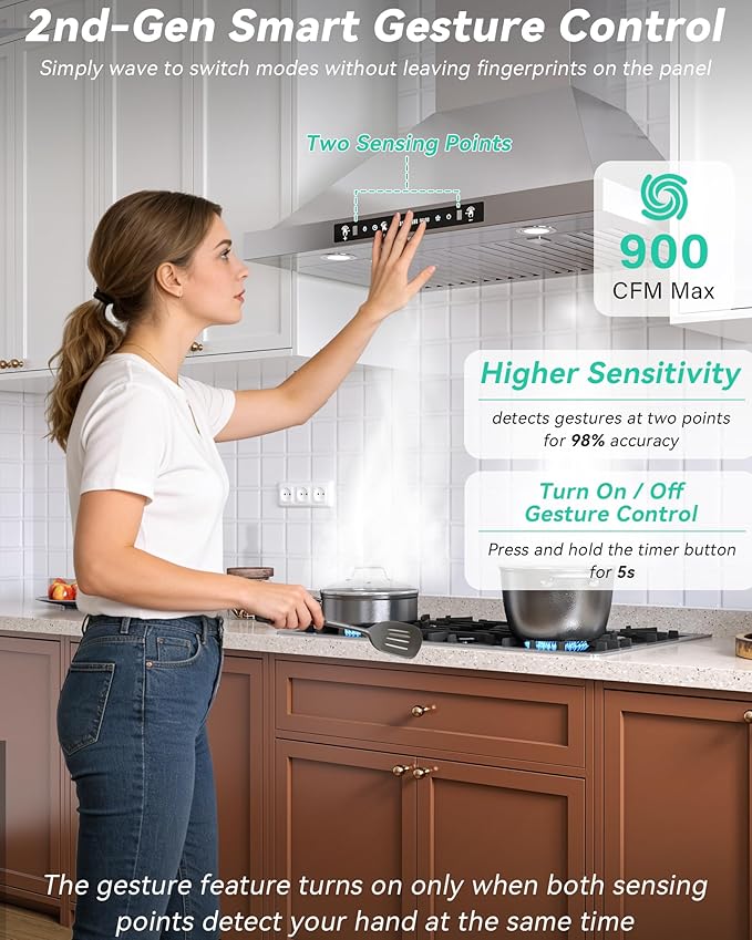 30 inch Stainless Steel Wall Mount Range Hood - 900 CFM, Gesture Control, Ultra-Quiet 4-Speed Vent, LED Lights, Ducted/Ductless Convertible