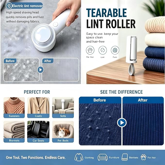 Ucitod2 in 1 Lint Remover Shaver and Lint Roller, Rechargeable Fabric Shaver | - Image 2