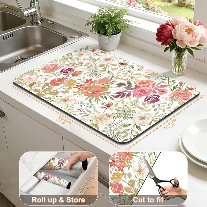 LOKHOM 12"x20" Dish Drying Mat，Pink Floral Coffee Mat | Pink Roses Petals Prints - Image 2