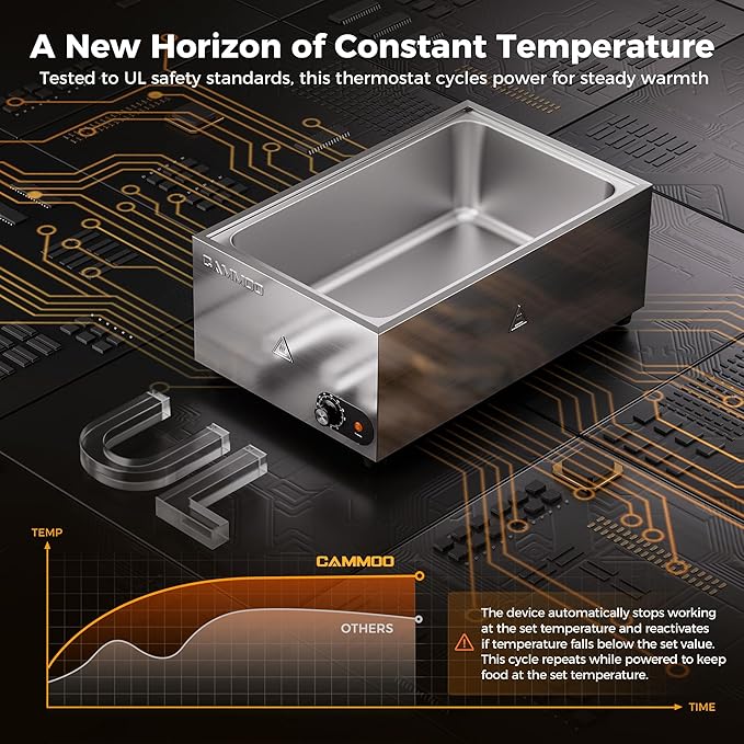 1200W Electric Steam Table Food Warmer, Bain Marie 86-185°F Adjustable Temp, Countertop Stainless Steel Buffet Steam, Commercial Food Steamer for Catering Restaurant