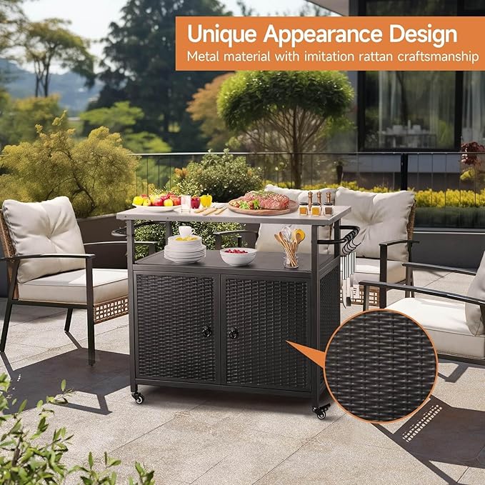 Outdoor Grill Cart with Storage, Outdoor Bar Cart with Wheels, Kitchen Island Cart with Stainless Steel Top for BBQ, Patio, Backyard