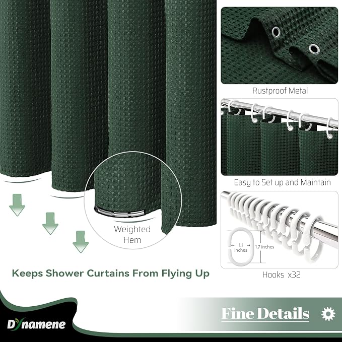 Dynamene Extra Wide Waffle Shower Curtain 256 GSM Fabric 180x72 Dark Green - Image 7