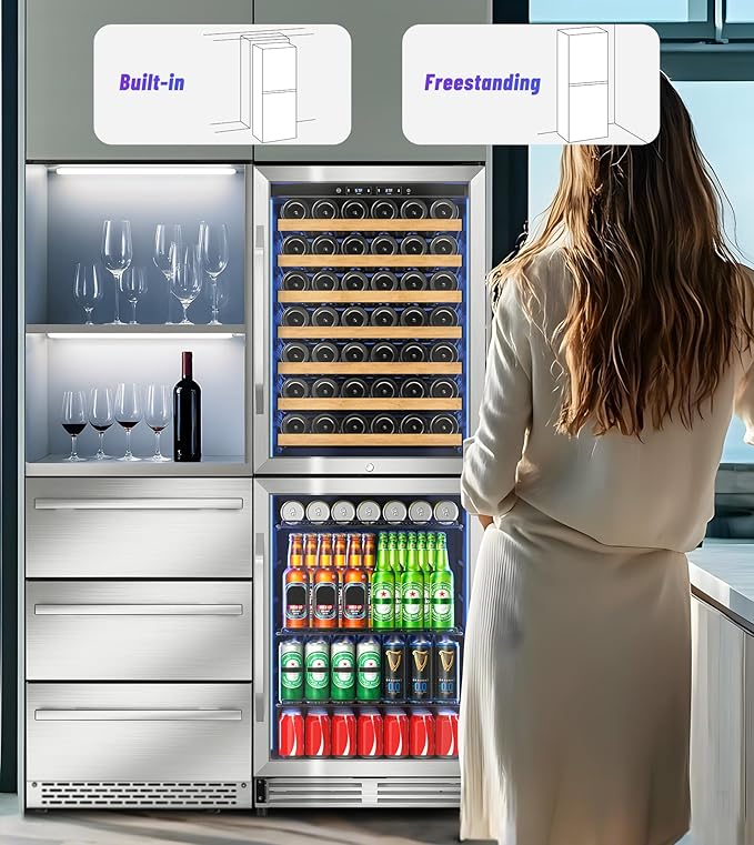 Wine Beverage Refrigerator with Double-Layer Temperature Zone, 24'' Large Capacity Built-in & Freestanding Wine Cooler Fridge for 154 Bottles, Wine and Beverage Fridge Combo for Home Kitchen Outdoor