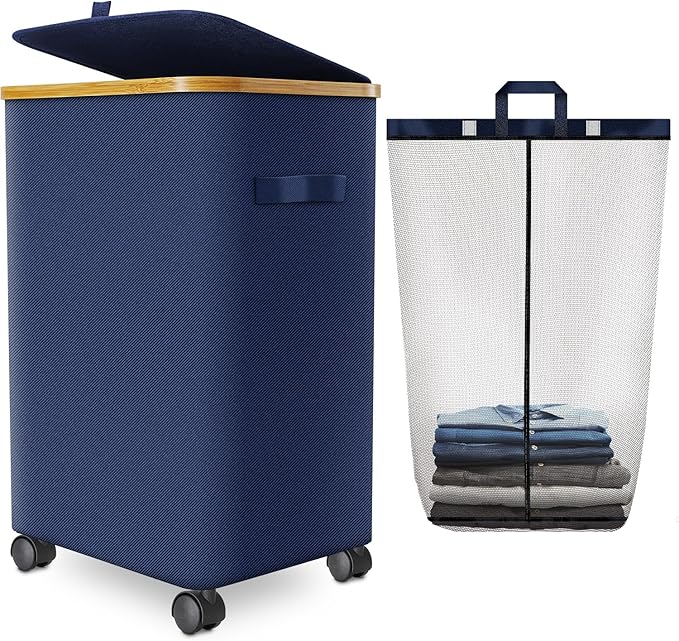 Laundry Hamper with Wheels, 75L Rolling Laundry Basket with Lid by Wuevu