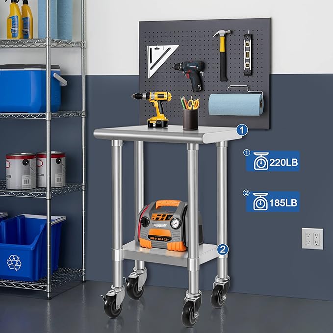 HARDURA Stainless Steel Commercial Table Prep & Work Table with Casters Heavy Duty Metal Table with Wheels NSF 430 14×24 Inches
