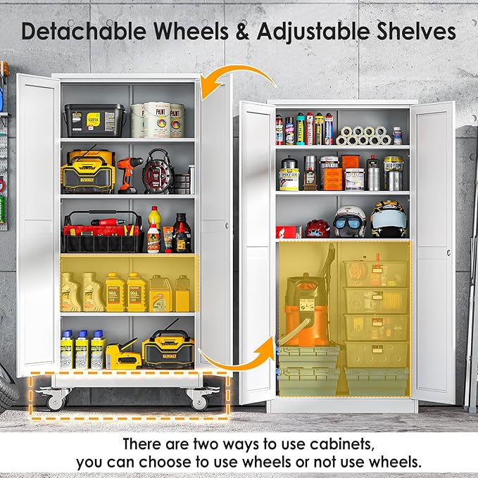 71''H Tall Metal Garage Storage Cabinet with Wheels,Steel File Cabinets with 2 Doors and 4 Adjustable Shelves for Home Office, Warehouse, Required Assembly,White