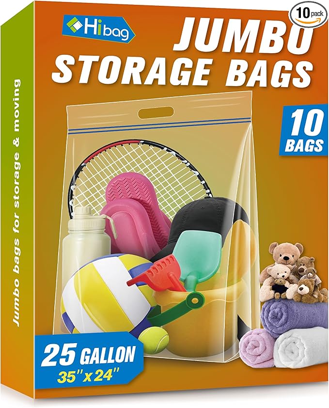 HIBAG 25 Gallon Jumbo Storage Bags, 35” x 24” Resealable Clear Bags by HIBAG
