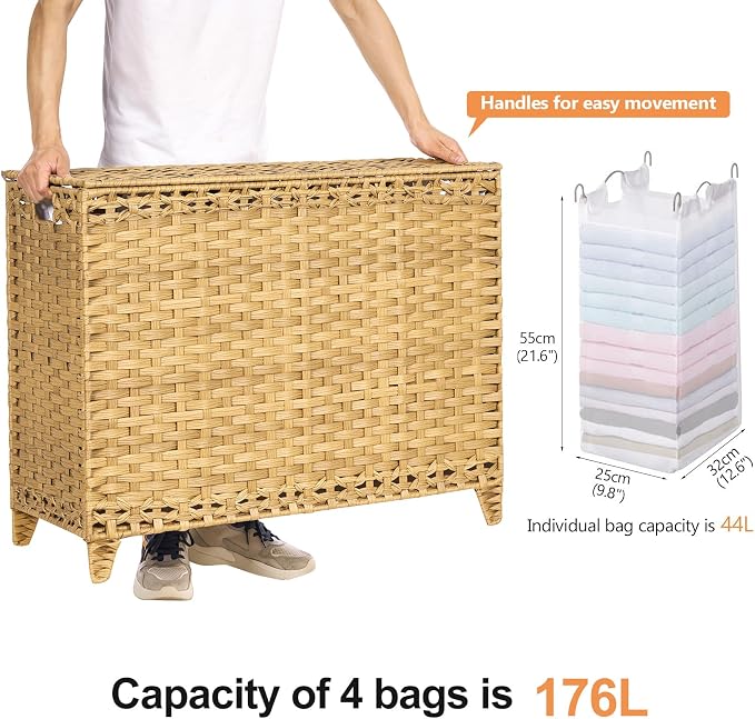 Laundry Hamper with 4 Removable Liner Bags, 176L Laundry Sorter with Lid - Image 4