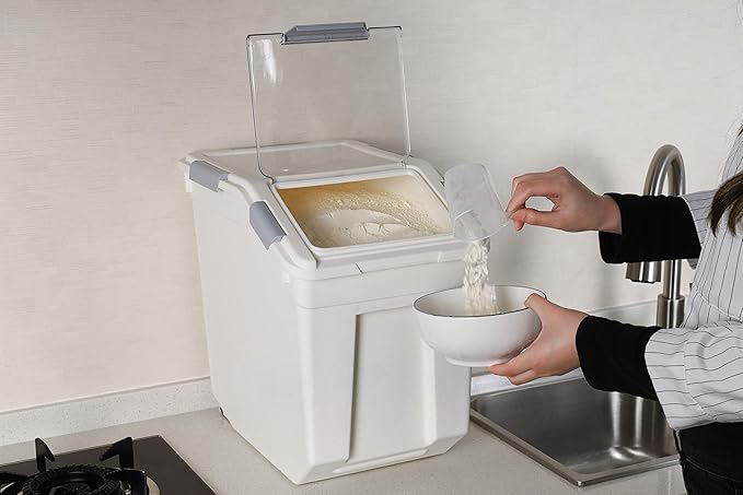 EonTone Pack-2 Bulk Large Sealed Flour Storage Container 25 Liters (30 lbs) with Lockable Lid Wheels and Measuring Cup BPA-Free Food Dispenser