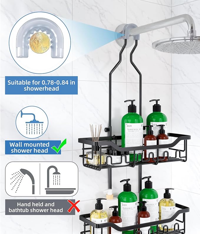 Adjustable Shower Caddy Hanging, Extended Length Organizer Over Shower Head - Image 5